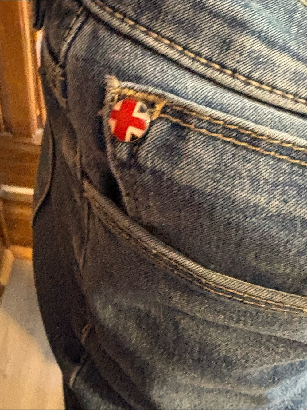 Classic womens Blue Denim Jeans with Red Accent Badge